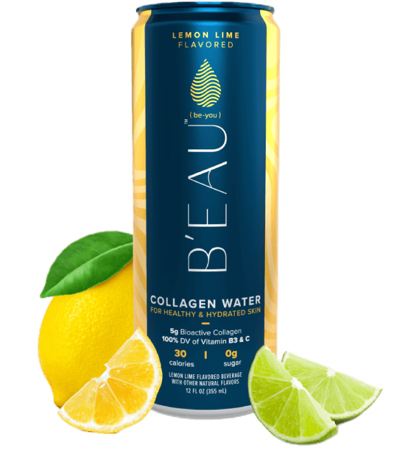 12 ounce can of beau lemon lime flavored marine collagen water with fruit