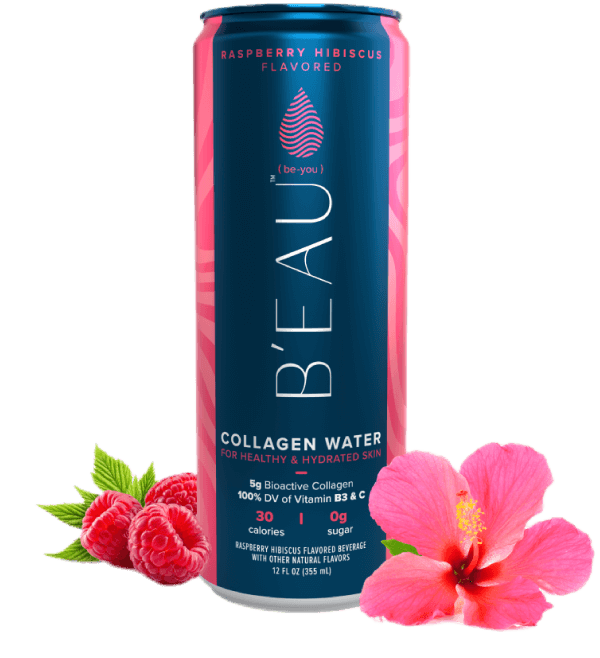 12 ounce can of beau raspberry hibiscus flavored marine collagen water with fruit