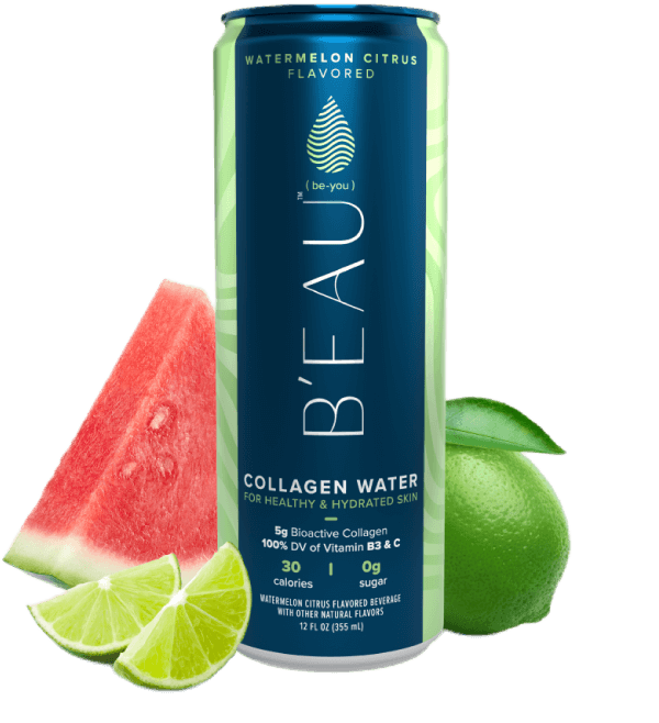 12 ounce can of beau watermelon citrus flavored marine collagen water with fruit
