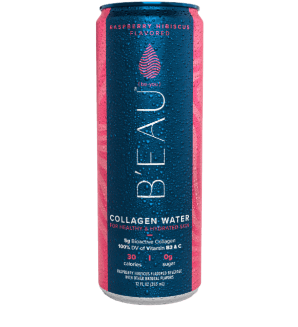 12 ounce can of beau raspberry hibiscus flavored marine collagen water
