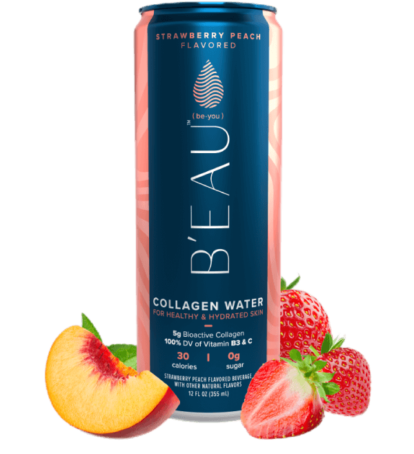 12 ounce can of beau strawberry peach flavored marine collagen water with fruit