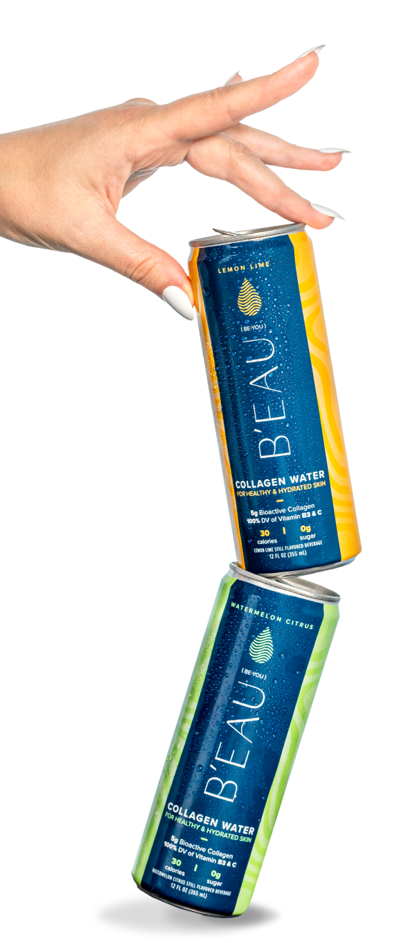 two 12 ounce cans of beau marine collagen water stacked with hand model